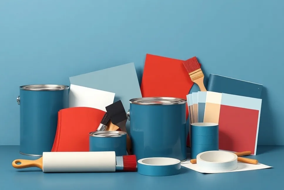 Pots de peinture, nuancier, brosses et rouleaux disposés à plat