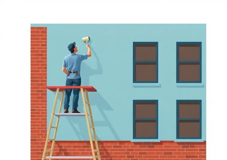 Peintre sur échafaudage traitant la façade d'une maison