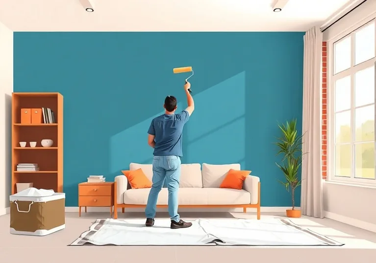 Peintre appliquant la peinture au rouleau sur un mur de salon